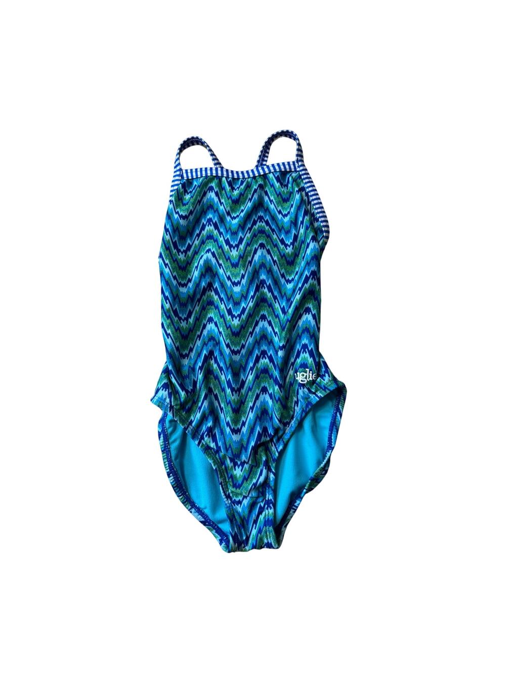 Dolfin Uglies Serene One Piece Swimsuit Size 28 V-Back Blue Green Chevron Swim